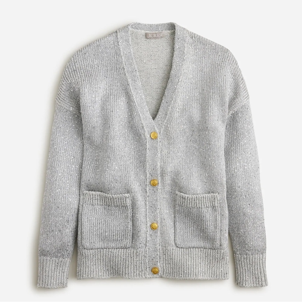 J. Crew Silver Sequin Knit V‑Neck Cardigan with Gold Buttons